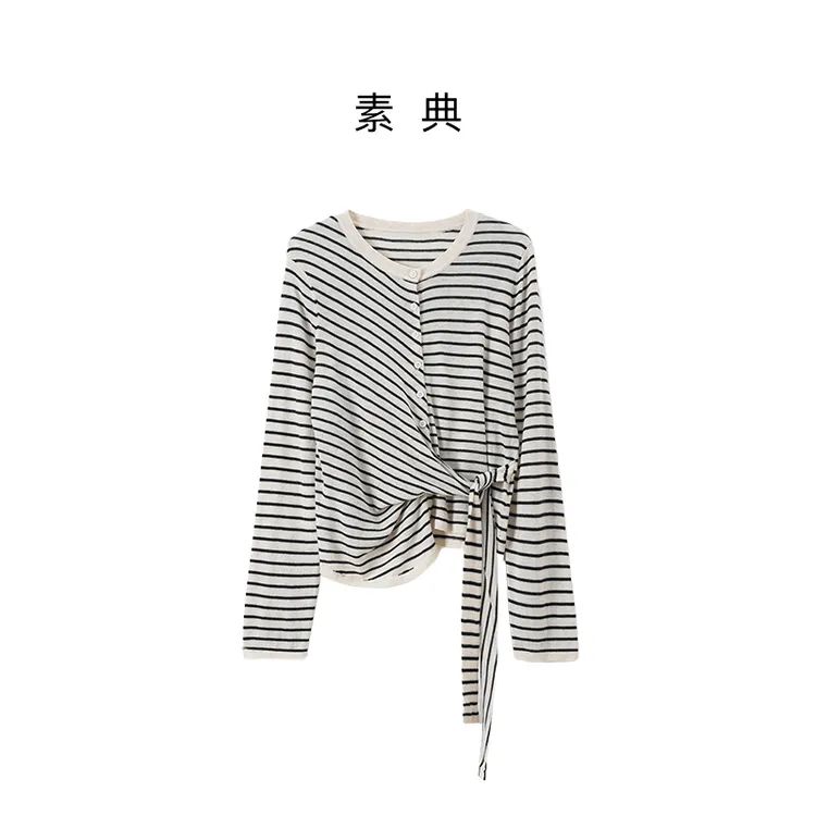 素典【气质学姐】秋季女毛针织衫撞色圆领针织开衫时尚长袖上衣5127