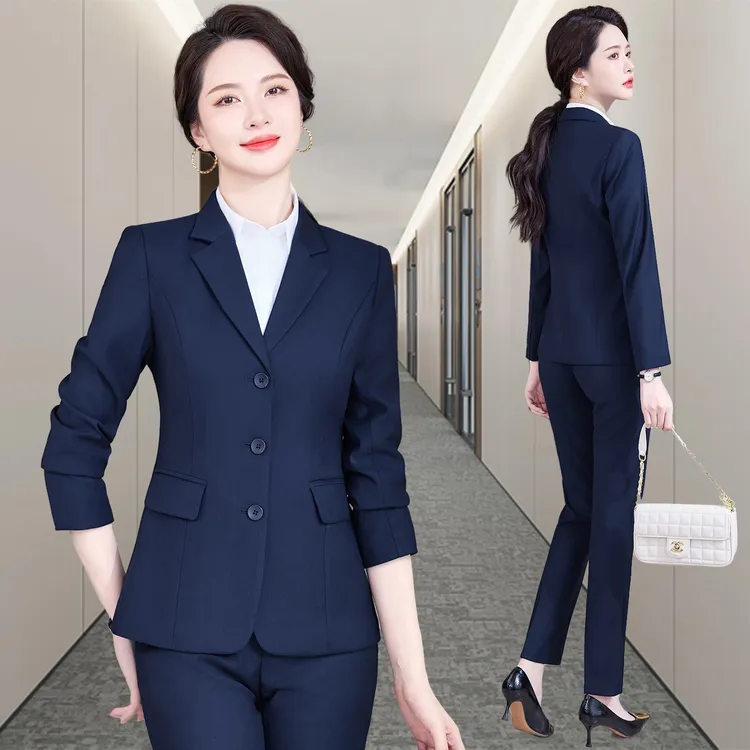 弹力藏青色三粒扣西装套装酒店经理春秋款工作服气质修身西服工装