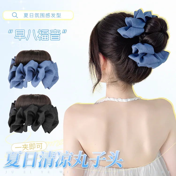 新版本蓝色牛仔抓夹丸子夹增发量假发女款花苞丸子头
