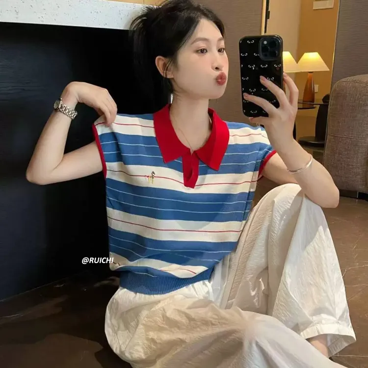 2025夏季韩系慵懒休闲风撞色POLO领小狗刺绣飞袖高级感针织上衣女