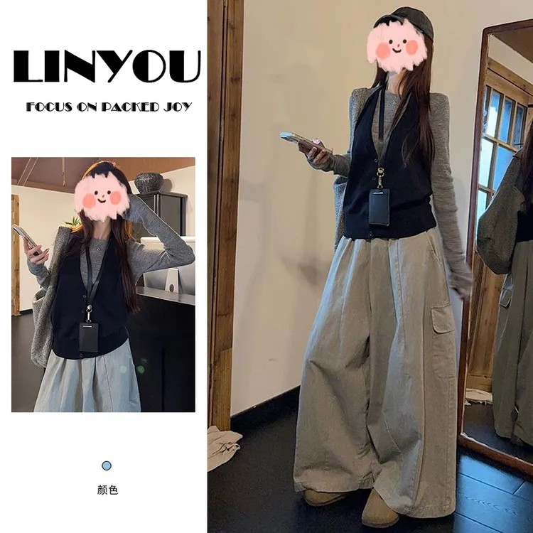 高腰显瘦工装裤百搭马甲针织衫两件套女士2025春秋季新款时尚套装