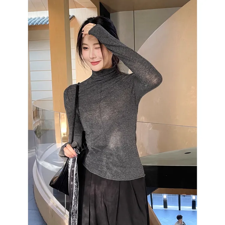 灰色半高领打底衫女2025新款春秋季修身长袖t恤正肩显瘦内搭上衣
