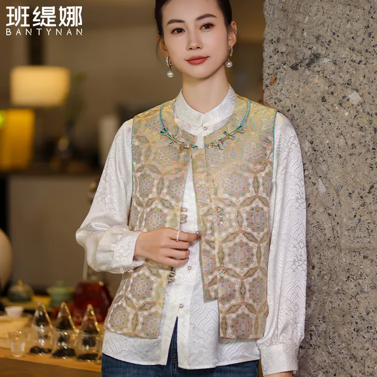 女装国风印花新中式马夹百搭常规女士气质马甲时尚复古新中式马甲