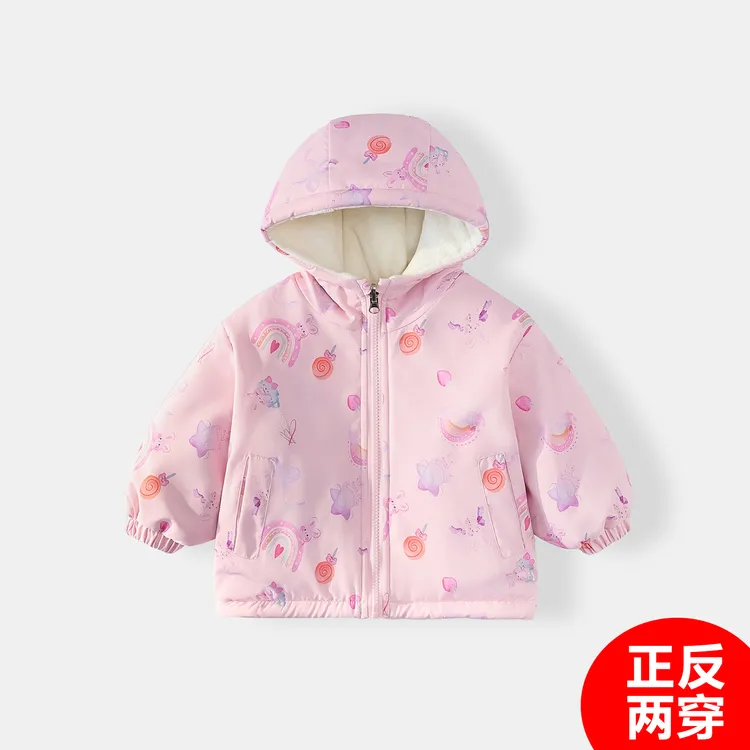 女童冬季两面穿加绒加厚棉衣外套2025新款儿童拉链可爱保暖防风