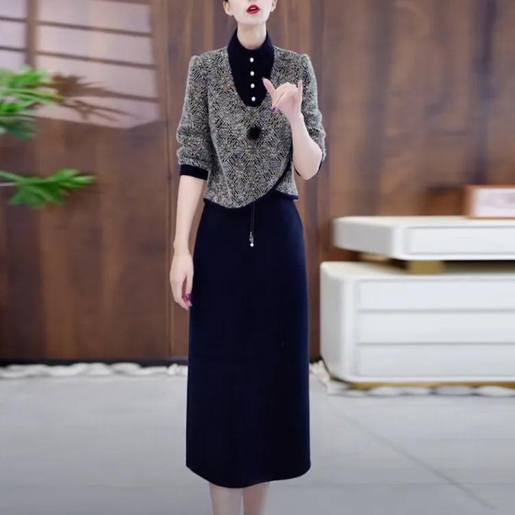 斜纹精纺加厚保暖2025秋冬季新款显瘦气质长袖洋气两件套连衣裙子