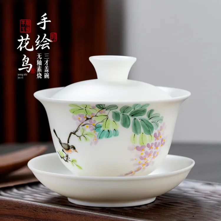 钰铨龙门 羊脂玉瓷手绘墨彩盖碗 德化白瓷山水三才盖碗大号泡茶碗