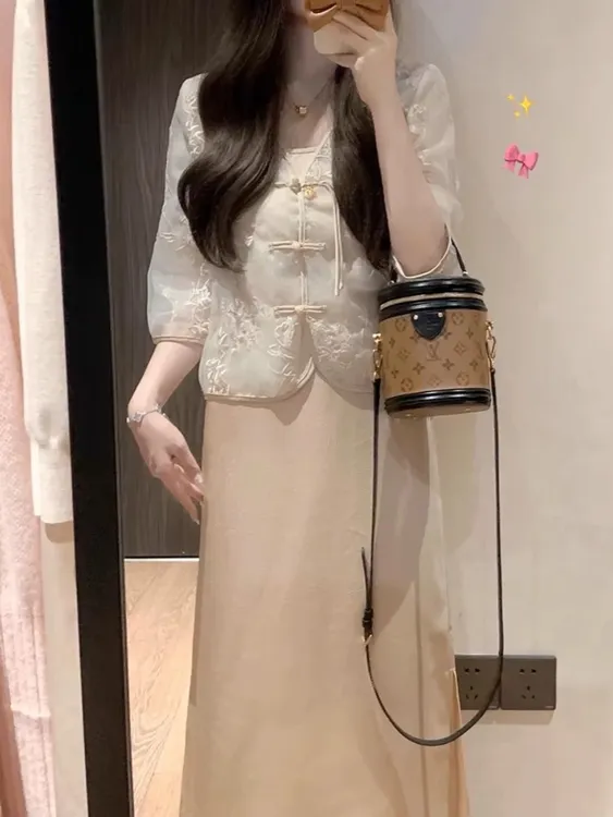 新中式小香风中国风法式时尚套装裙子蕾丝女装短袖国风连衣裙