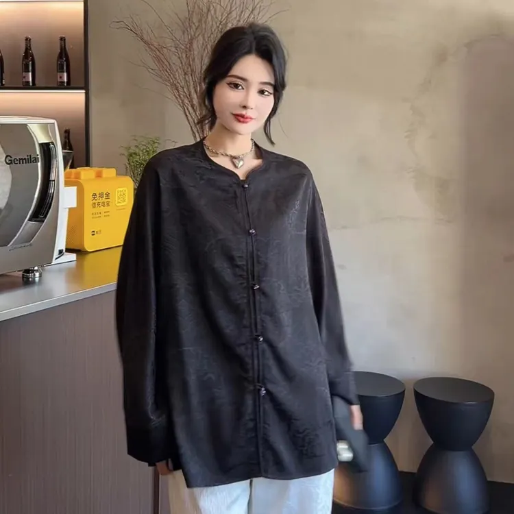新款新中式国风提花宽松中长款休闲百搭复古打底衫