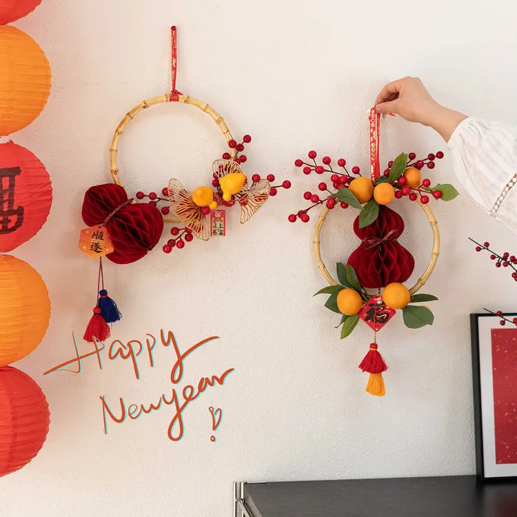 新年葫芦仿真花装饰春节入户门把手客厅氛围过年喜庆红色假花挂饰