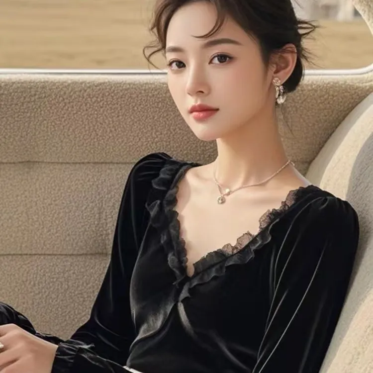 SS2481韩系chic别致收腰女装黑色丝绒上衣冬小众设计感不撞款内搭