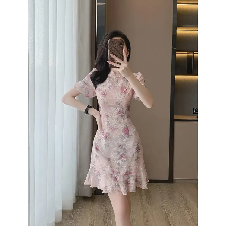 改良旗袍连衣裙女夏季2024新款修身高级感复古盘扣雪纺碎花鱼尾裙