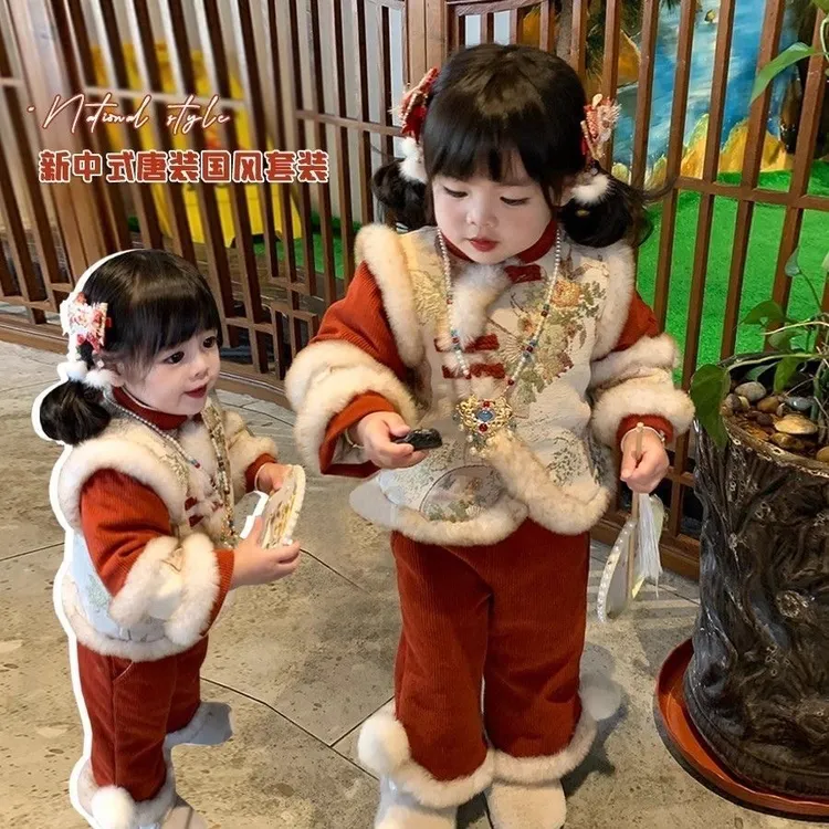 【加厚】国风套装拜年服2025新款冬装小童女宝宝洋气两件套新年汉服