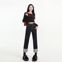 深蓝高腰翻卷边直筒牛仔裤女秋季秋装2025新款宽松阔腿显瘦小个子