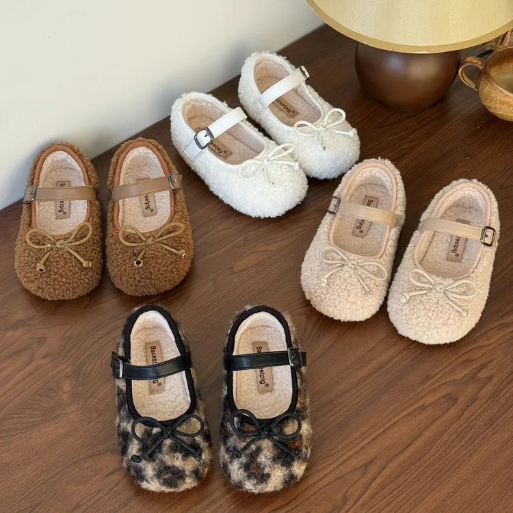 <暖感公主>  女童毛毛公主鞋冬季女宝韩版蝴蝶结豹纹保暖加绒单鞋