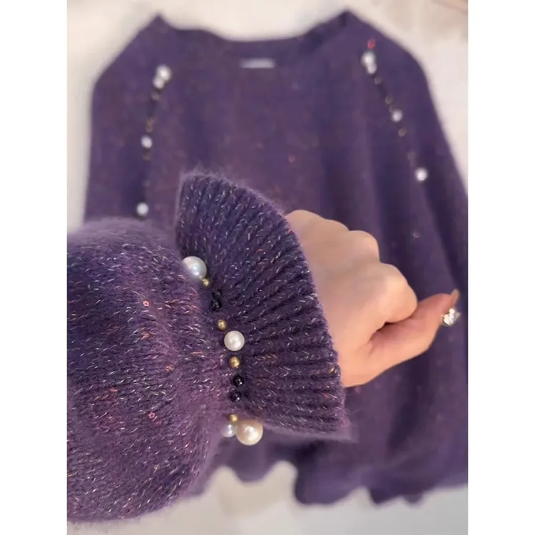 紫色重工钉珠针织衫女早秋季高级感宽松软糯毛衣时尚百搭气质上衣