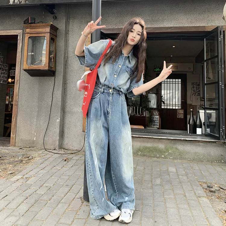 蓝色盐系设计感牛仔连体裤女2025夏季新款韩版时髦休闲宽松连身裤