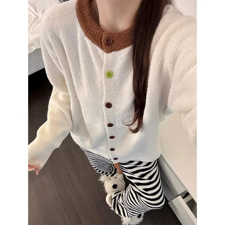 秋冬季加厚纯色简约针织半边绒睡衣女2024新款条纹长裤家居服套装