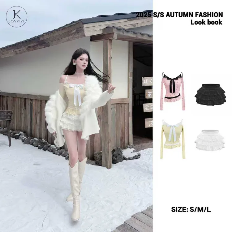 JOY KIKI鹅了么【甜心月神】秋季纯欲蕾丝撞色弹力长袖套装J25D084