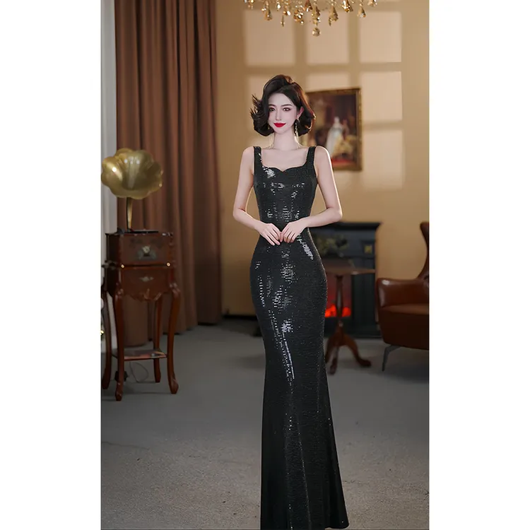 【大晶专属】“永恒夜”原创高定进口烫片高腰气质优雅背心式连衣裙