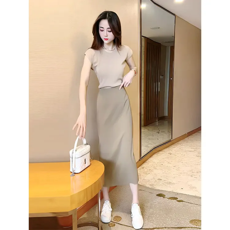 洋气炸街时尚套装女薄款无袖冰丝针织T恤女高腰半身裙子两件套潮
