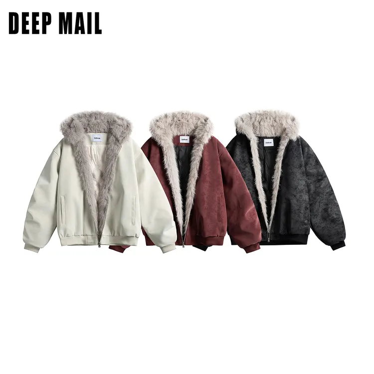 DEEPMAIL 90白鸭绒PU皮连帽羽绒服男冬加厚座山雕短款宽松vintage