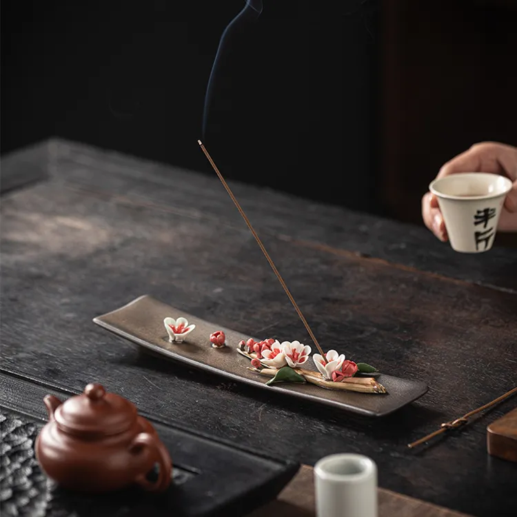 手工陶瓷桃花线香插摆件禅意家居室内茶道檀香沉香香薰炉香座香炉