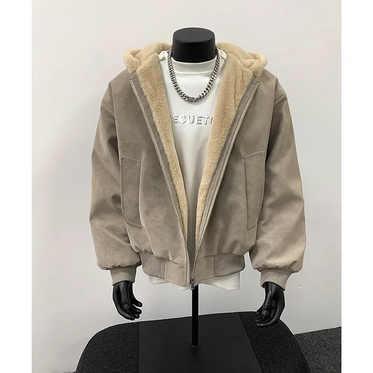 美式PU座山雕棉衣外套男款冬季新款潮牌宽松加绒加厚保暖连帽棉服