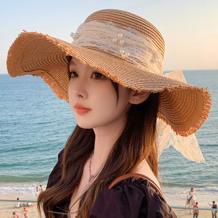 新店福利草帽女夏季超大帽檐遮阳帽沙滩海边度假太阳帽子可折