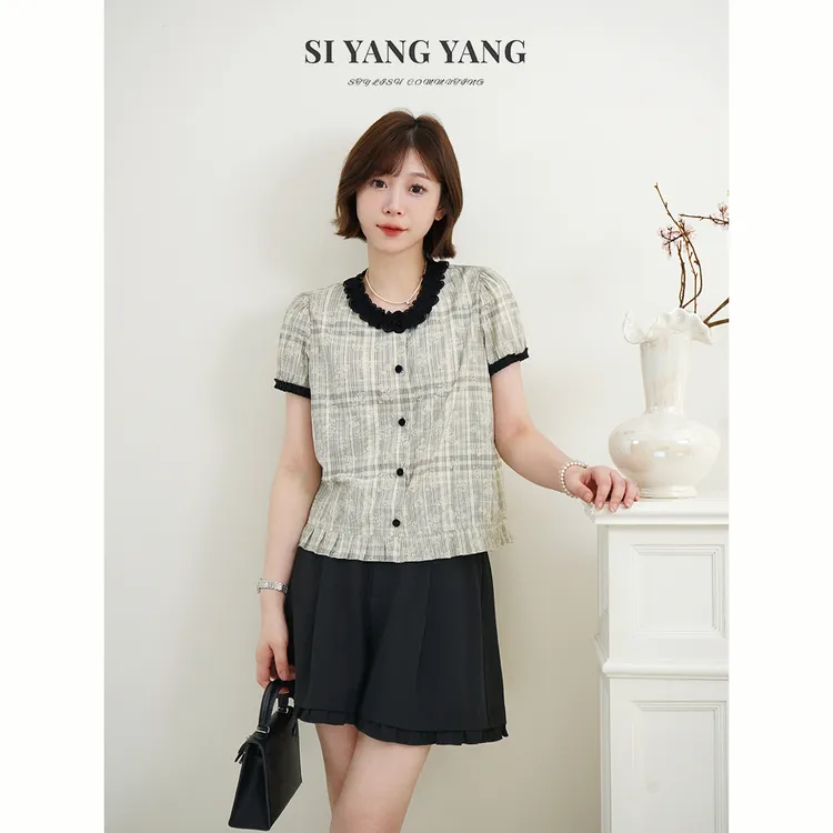 斯洋洋SIYANG格子植花清凉减龄透气舒爽柔软百搭T恤SY506A042SYY