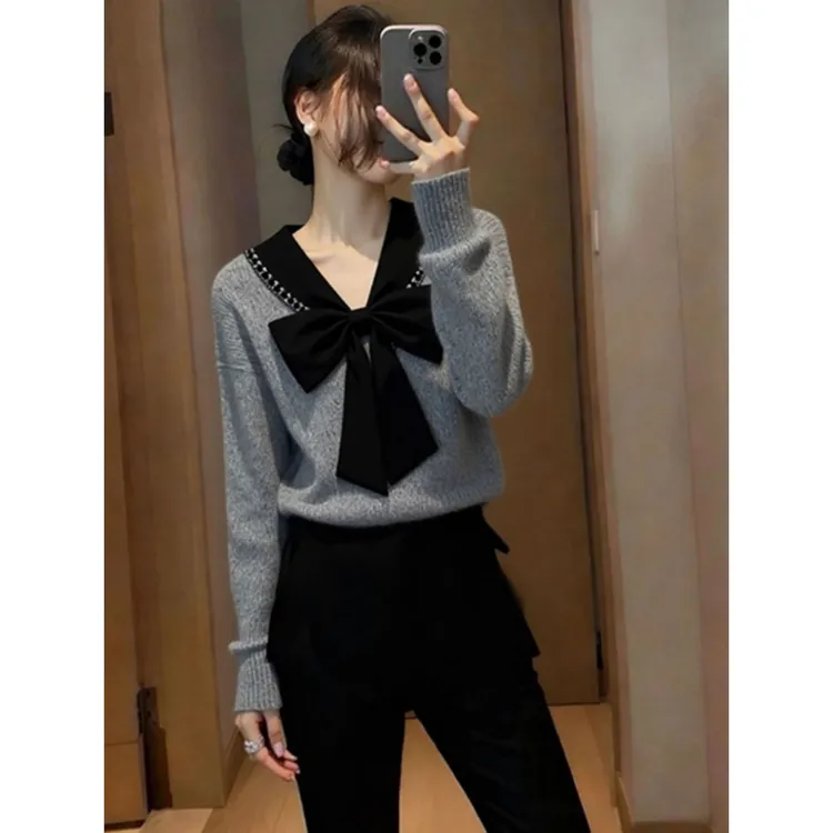 韩系小香风气质温柔百搭减龄灰色上衣女2025早秋蝴蝶结内搭打底衫
