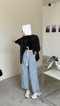 程程甄选 韩系设计感侧拉条显瘦宽松休闲纸片裤0513