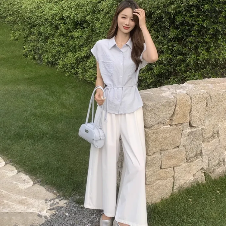 拉夏贝尔衬衫套装女2025夏季新款时尚气质显瘦小个子阔腿裤两件套