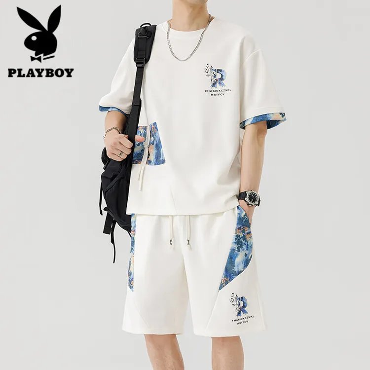花花公子短袖短裤套装男生青少年夏季冰丝凉感拼接休闲运动两件套