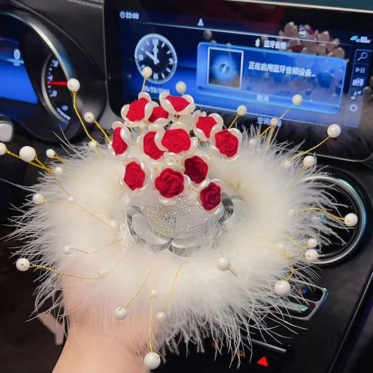 网红新款车载创意玫瑰花镶钻中控台摆件汽车内女生高档香薰装饰品