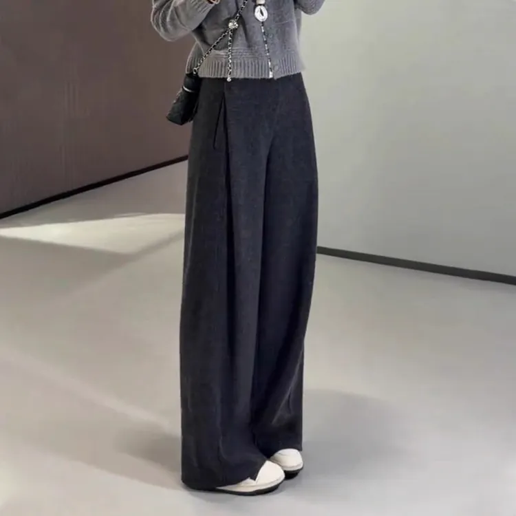 灰色加厚羊毛阔腿裤子女秋冬高腰垂感糯米裤卫裤宽松弯刀裤直筒裤