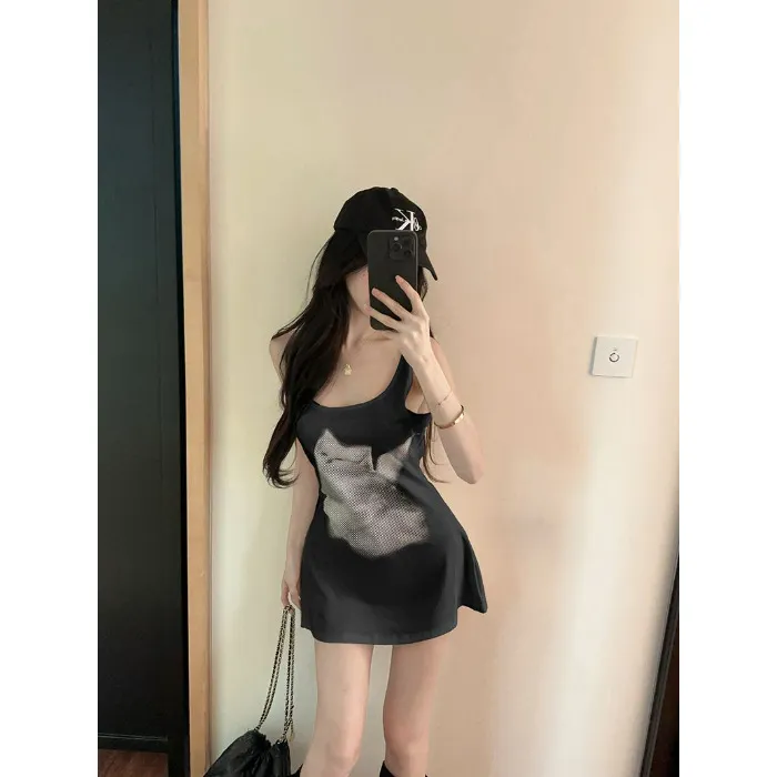 【猫咪印花裙】夏季欧美风辣妹性感修身绑带收腰印花露背长款吊带