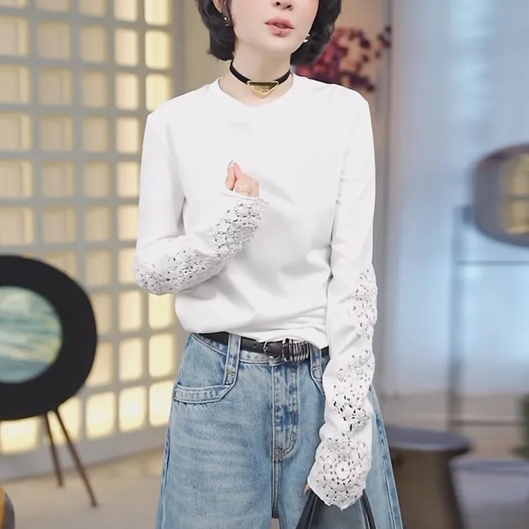 白色圆领长袖t恤女2025夏季时尚洋气显瘦设计感镂空钩花刺绣上衣