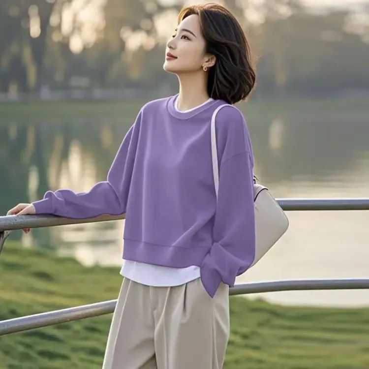 假两件圆领薄款上衣女2025春秋新款小个子宽松洋气不起球显瘦卫衣