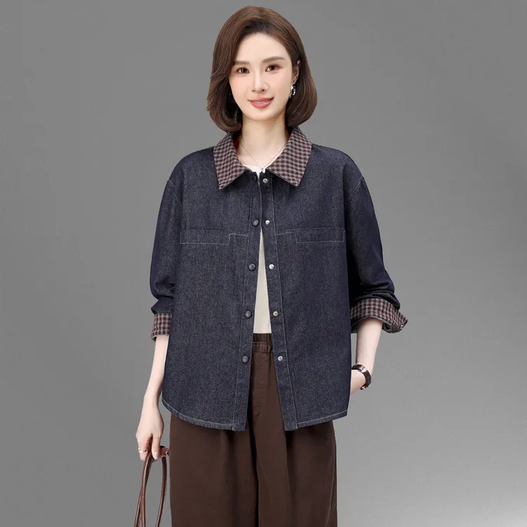 大码宽松牛仔衬衫外套女2025春秋新款洋气短款中年妈妈外搭牛仔衣