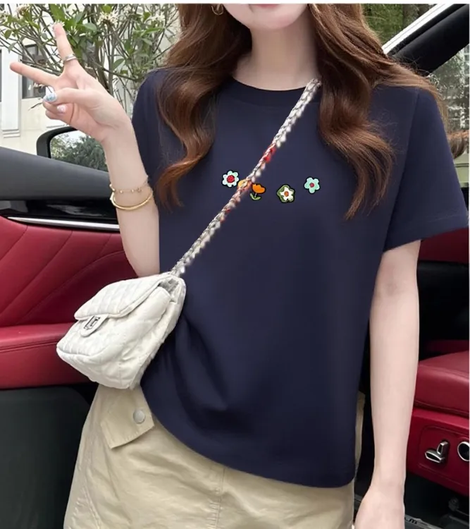 「现货发」小花香正肩短袖夏季韩系ins衣服显瘦小众设计百搭T恤女