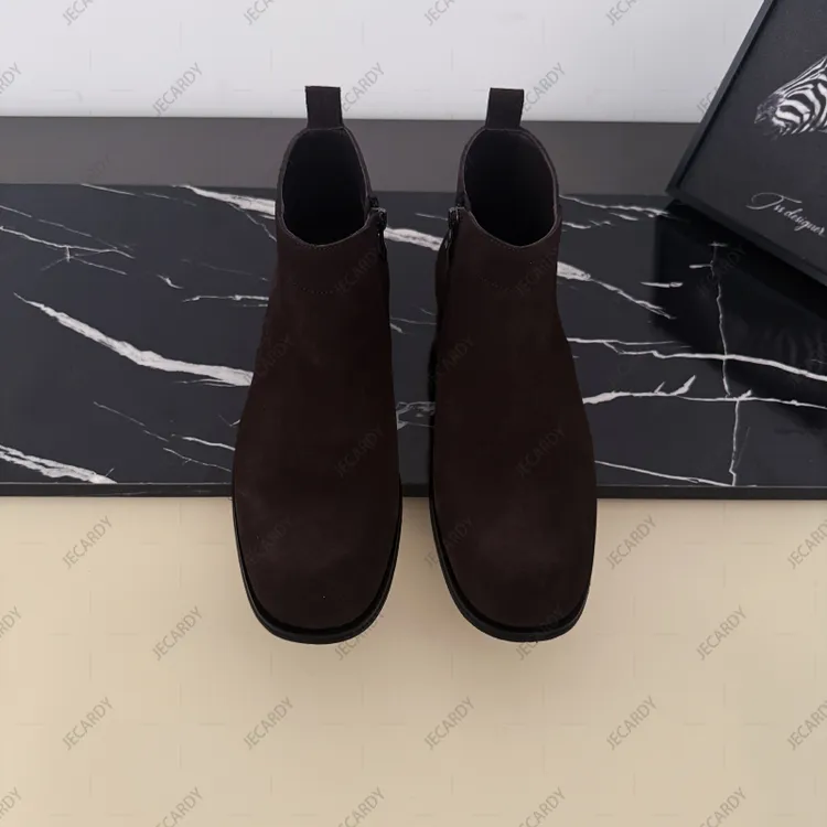 秋冬新款男士方头反毛皮真皮正品拉链款切尔西中帮高帮鞋商务百搭