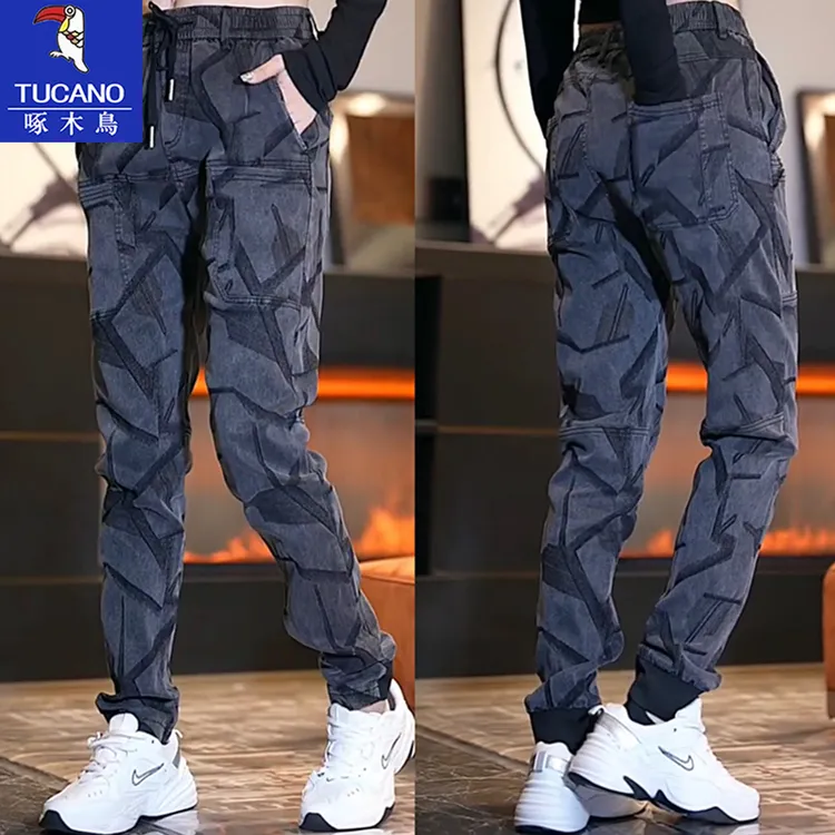 啄木鸟弹力牛仔裤男款2025春秋季新款修身高腰百搭六兜提花休闲裤