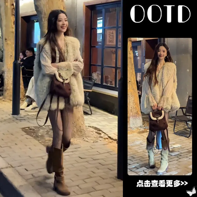 秋冬流行穿搭一整套女2025新款蕾丝针织衫叠穿毛绒马甲外套两件套