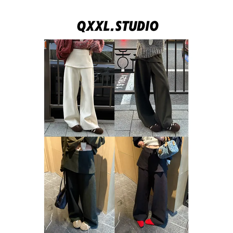 邱小小丽呀 冬季新款假两件设计屁帘裤女百搭通勤风休闲直筒长裤