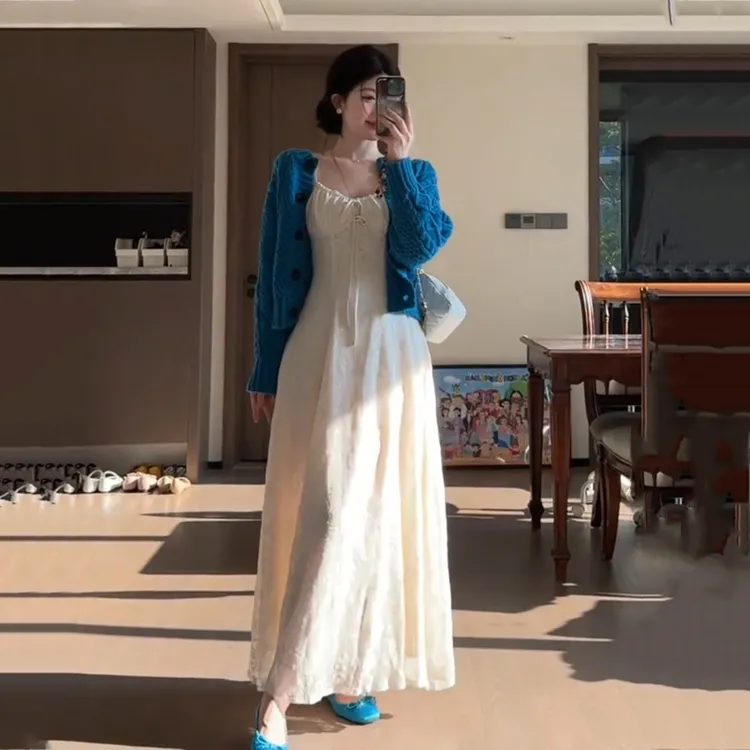 巨好看的早秋一整套大码胖mm针织开衫蕾丝吊带连衣裙子气质套装女