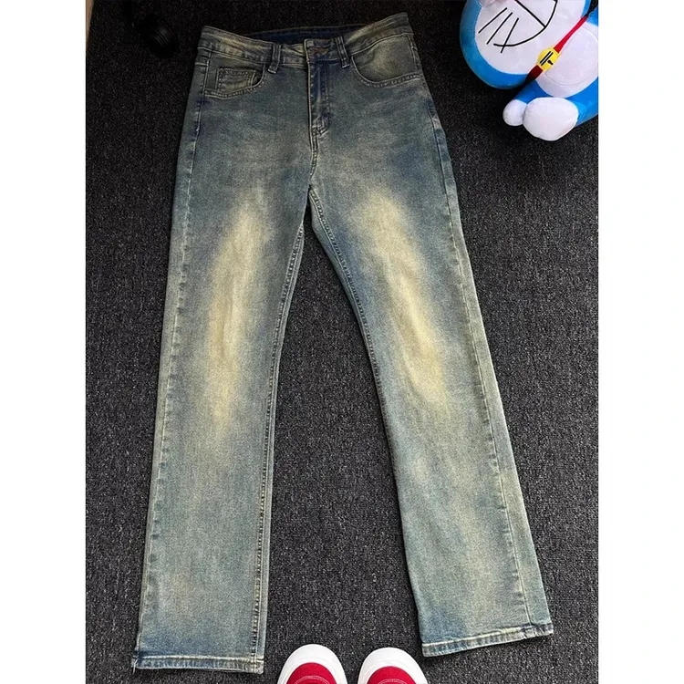 美式复古蓝高腰牛仔裤男款水洗做旧vibe裤子高街显瘦直筒微喇长裤