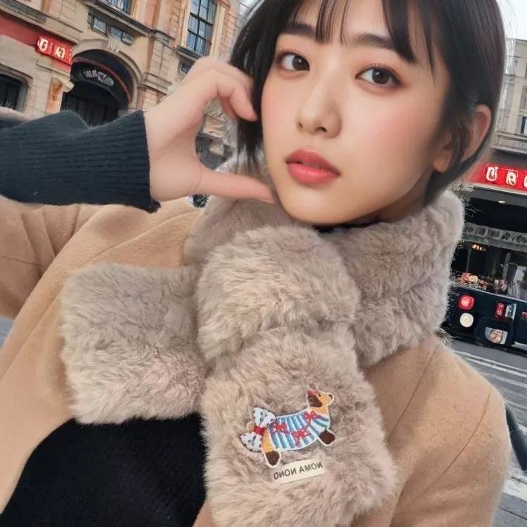 卡通可爱腊肠狗小狗日系刺绣围脖冬季毛绒保暖交叉不掉围巾学生