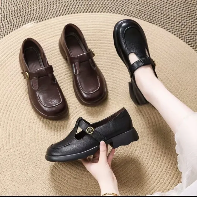 圆头皮带装饰玛丽珍鞋马蹄跟单鞋皮鞋复古春秋舒适