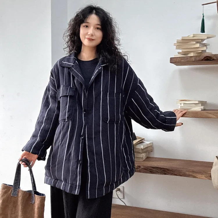 冬季新款宽松型棉衣外套大衣条纹色织亚麻翻领休闲秋冬棉服9585