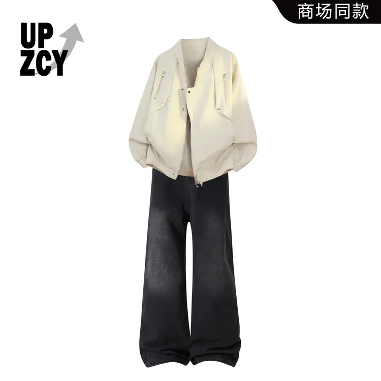 UPZCY美潮复古痞帅男士夹克套装2025秋冬新款百搭直筒阔腿牛仔裤